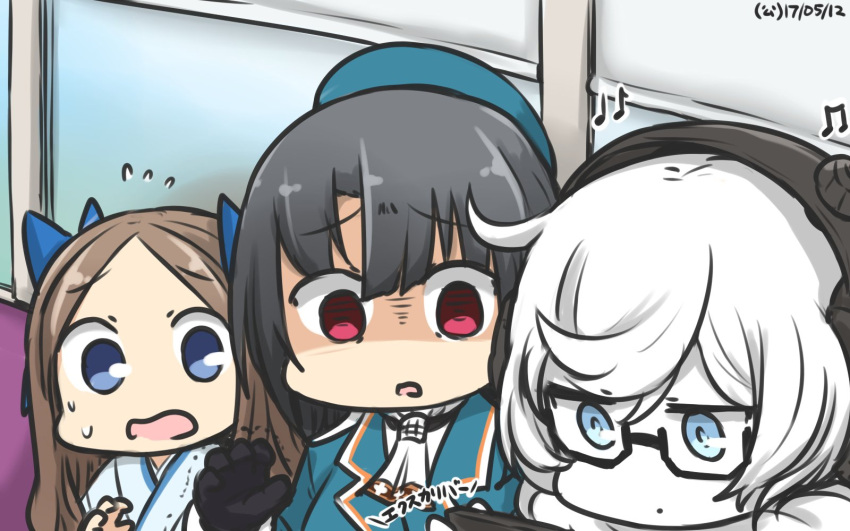 3girls asakaze_(kantai_collection) ascot beamed_quavers beret black_gloves black_hair blue_eyes bow braid brown_hair cellphone commentary dated flying_sweatdrops glasses gloves hair_bow hakama hamu_koutarou hat headphones highres japanese_clothes kantai_collection long_hair meiji_schoolgirl_uniform military military_uniform multiple_girls musical_note phone quaver red_eyes shaded_face shinkaisei-kan short_hair smartphone supply_depot_hime sweat takao_(kantai_collection) trembling uniform white_hair