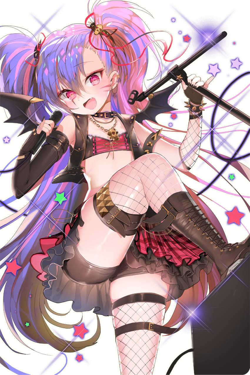 1girl amplifier armlet bat_wings black_nails black_shorts boots bow bracelet brown_boots choker death_queen earrings fingerless_gloves fishnets flat_chest gloves hair_bow hair_ornament highres instrument jacket jewelry leather leather_jacket looking_at_viewer microphone microphone_stand midriff multicolored_hair nail_polish necklace official_art open_mouth pink_eyes pink_hair pink_skirt pinky_out purple_hair repi short_shorts shorts skirt skull_necklace soccer_spirits spiked_bracelet spikes wings