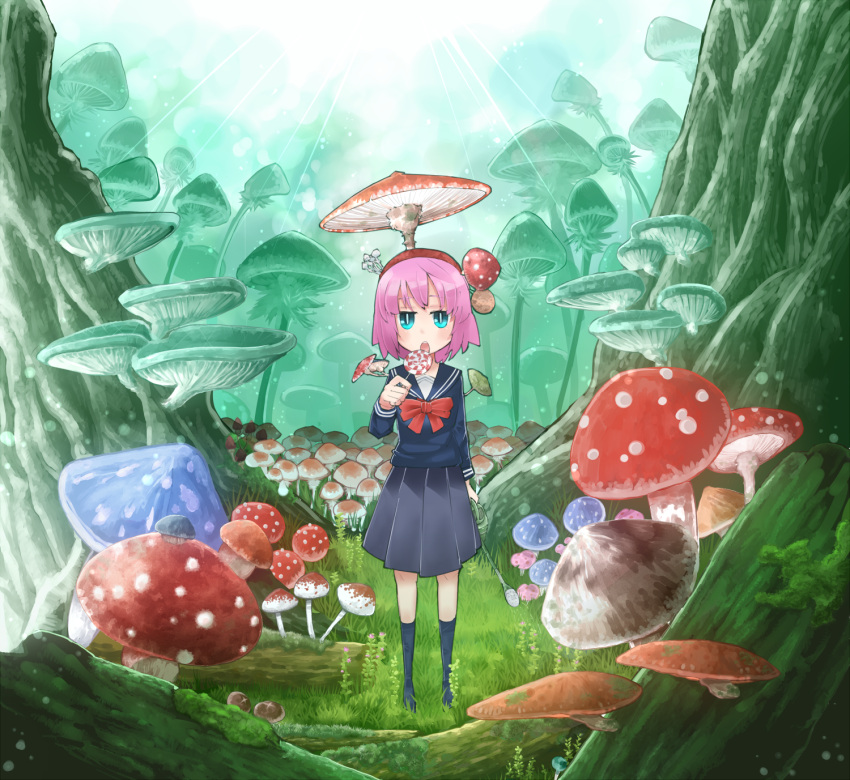 1girl black_legwear black_skirt blue_eyes bow bowtie candy food highres holding holding_food holding_lollipop kneehighs lollipop mushroom namamizu000 original pink_hair red_bow red_bowtie skirt solo