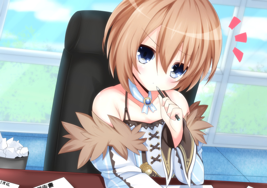 1girl :&lt; bare_shoulders blanc blue_eyes blush brown_hair chair desk detached_sleeves eyebrows_visible_through_hair haru_blanc0316 holding holding_pen looking_at_viewer neptune_(series) paper pen short_hair sitting solo trash_can