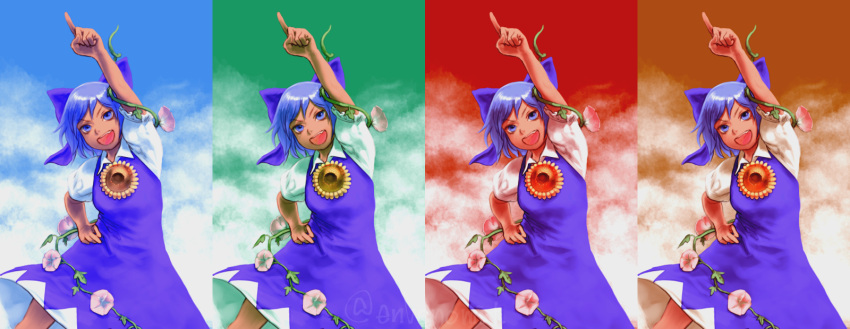 &gt;:d 1girl :d arm_up blue_bow blue_dress blue_eyes blue_hair blue_sky bow brown_sky cirno clouds cowboy_shot dress flower gengoroumaru_(ambidextrous) green_sky hair_bow hand_on_hip hidden_star_in_four_seasons highres index_finger_raised looking_at_viewer morning_glory open_mouth puffy_short_sleeves puffy_sleeves red_sky short_hair short_sleeves sky smile sunflower tan tanned_cirno touhou variations