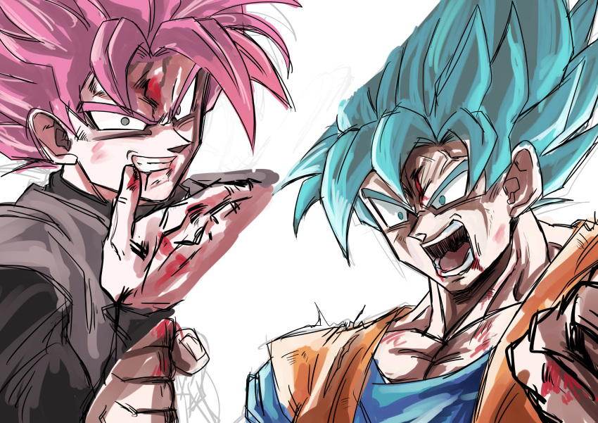 2boys black_eyes blood blood_on_face blood_on_fingers bloody_hands blue_eyes blue_hair dragon_ball dragon_ball_super gokuu_black greymon_(nodoame1215) grin highres multiple_boys open_mouth pink_hair sketch smile son_gokuu super_saiyan super_saiyan_blue super_saiyan_rose veins