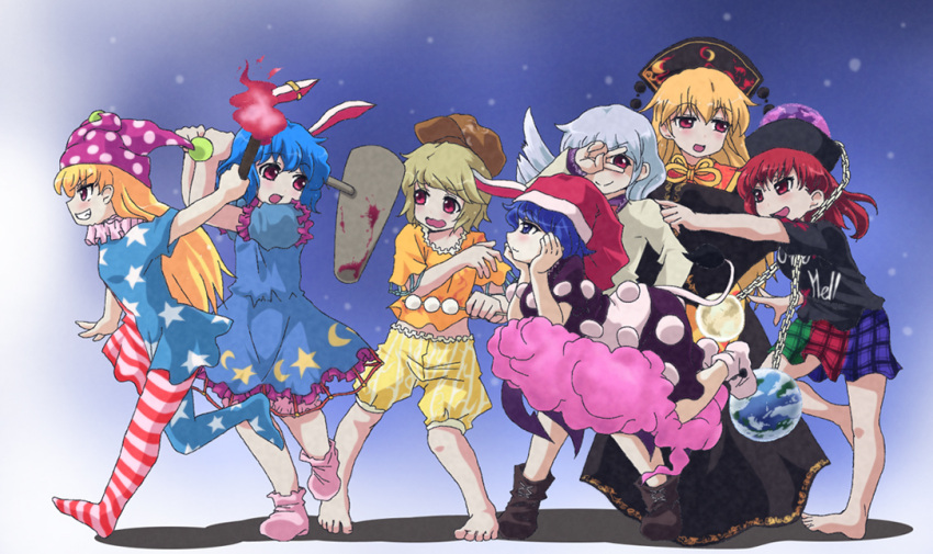 &gt;:) &gt;:d 6+girls :d :o akuto ambiguous_red_liquid american_flag_dress american_flag_legwear barefoot blonde_hair blue_eyes blue_hair boots clothes_writing clouds clownpiece d: doremy_sweet dress earth_(ornament) grin hat headdress hecatia_lapislazuli jacket japanese_clothes jester_cap junko_(touhou) kimono kishin_sagume legacy_of_lunatic_kingdom moon_(ornament) multiple_girls neck_ruff open_mouth red_eyes redhead ringo_(touhou) seiran_(touhou) shirt shorts silver_hair single_wing skirt smile smug socks t-shirt torch touhou v_over_eye violet_eyes wings