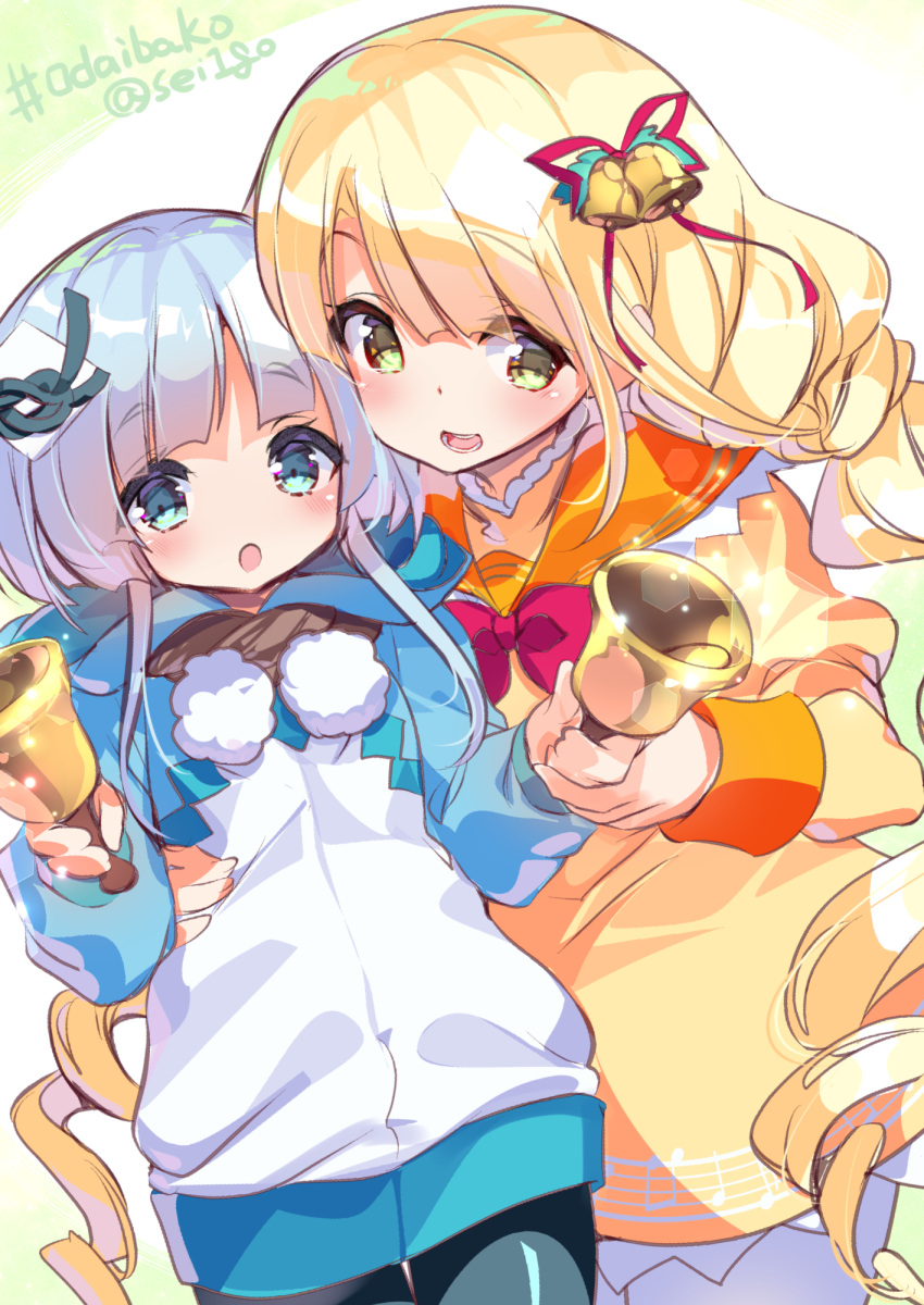 2girls :o bell blonde_hair blue_eyes blue_hair blush bow braid cowboy_shot dress dual_wielding flower_knight_girl fujishima-sei_ichi-gou green_eyes hair_ornament hatsuyukisou_(flower_knight_girl) highres jacket long_hair multiple_girls orange_sailor_collar pantyhose pom_pom_(clothes) red_bow sandersonia_(flower_knight_girl) short_hair smile twitter_username yellow_dress