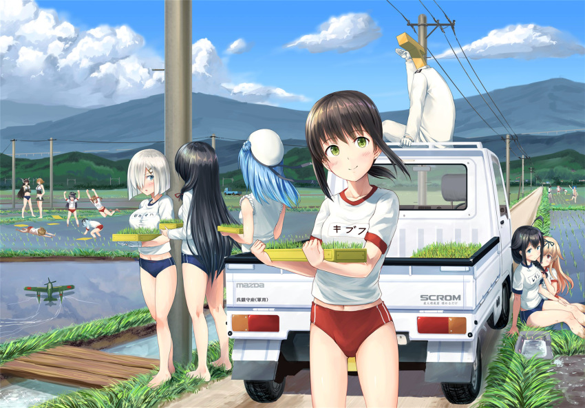 1boy 6+girls admiral_(kantai_collection) ahoge akatsuki_(kantai_collection) alternate_costume asakaze_(kantai_collection) bare_legs barefoot black_hair blonde_hair blue_buruma blue_eyes blurry breasts brown_hair buruma character_name clouds commentary_request crops crossed_arms day depth_of_field dirty double_bun fubuki_(kantai_collection) full_body gloves grass green_eyes ground_vehicle gym_uniform hair_flaps hamakaze_(kantai_collection) harukaze_(kantai_collection) hat hibiki_(kantai_collection) highres ichikawa_feesu ikazuchi_(kantai_collection) inazuma_(kantai_collection) isokaze_(kantai_collection) kamikaze_(kantai_collection) kantai_collection large_breasts light_smile long_hair looking_at_another looking_at_viewer matsukaze_(kantai_collection) mazda medium_breasts midriff military military_uniform motor_vehicle mountain multiple_girls mutsu_(kantai_collection) nagato_(kantai_collection) name_tag navel outdoors peaked_cap red_buruma rice_paddy road shigure_(kantai_collection) shirt short_hair short_ponytail sidelocks sitting sky small_breasts smile standing t-head_admiral thighs uniform urakaze_(kantai_collection) vehicle water white_gloves white_shirt yuudachi_(kantai_collection)