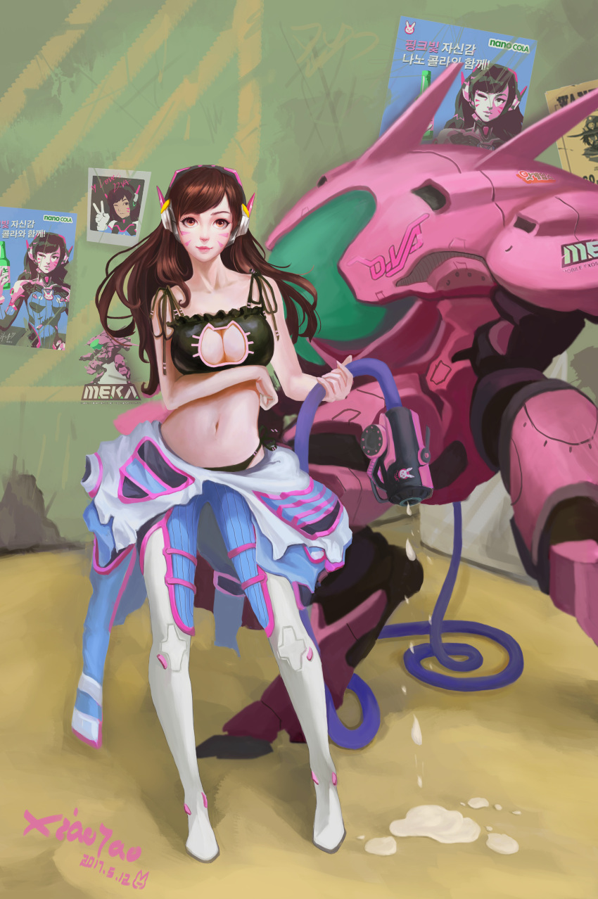 1girl 2016 absurdres artist_name bangs bare_arms bare_shoulders blac_bra black_bra black_panties blue_bodysuit bodysuit boots bra breast_hold breasts brown_eyes brown_hair cat_cutout cat_lingerie character_name cleavage cleavage_cutout collarbone d.va_(overwatch) dated eyelashes facepaint facial_mark full_body gas_pump headphones highres holding hose knee_pads large_breasts legs_apart lipstick long_hair makeup mecha medium_breasts meka_(overwatch) meme_attire midriff nose overwatch panties pilot_suit pink_lips pink_lipstick ribbed_bodysuit san_shou_san side-tie_panties signature smile solo standing stomach swept_bangs thigh-highs thigh_boots thigh_strap underwear whisker_markings white_boots