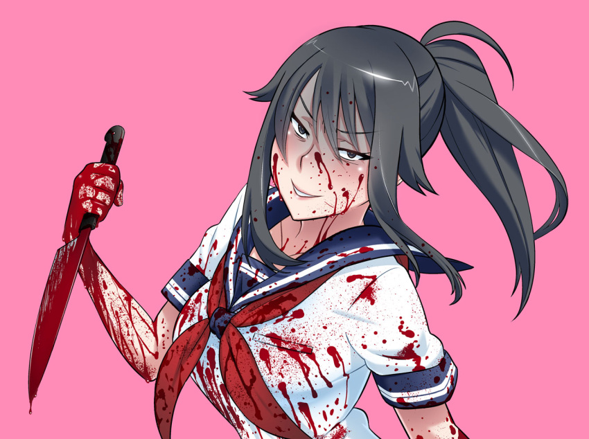 1girl black_eyes black_hair blood blood_on_face blood_splatter bloody_clothes bloody_weapon evil_smile kjech knife official_art ponytail school_uniform smile weapon yandere-chan yandere_simulator