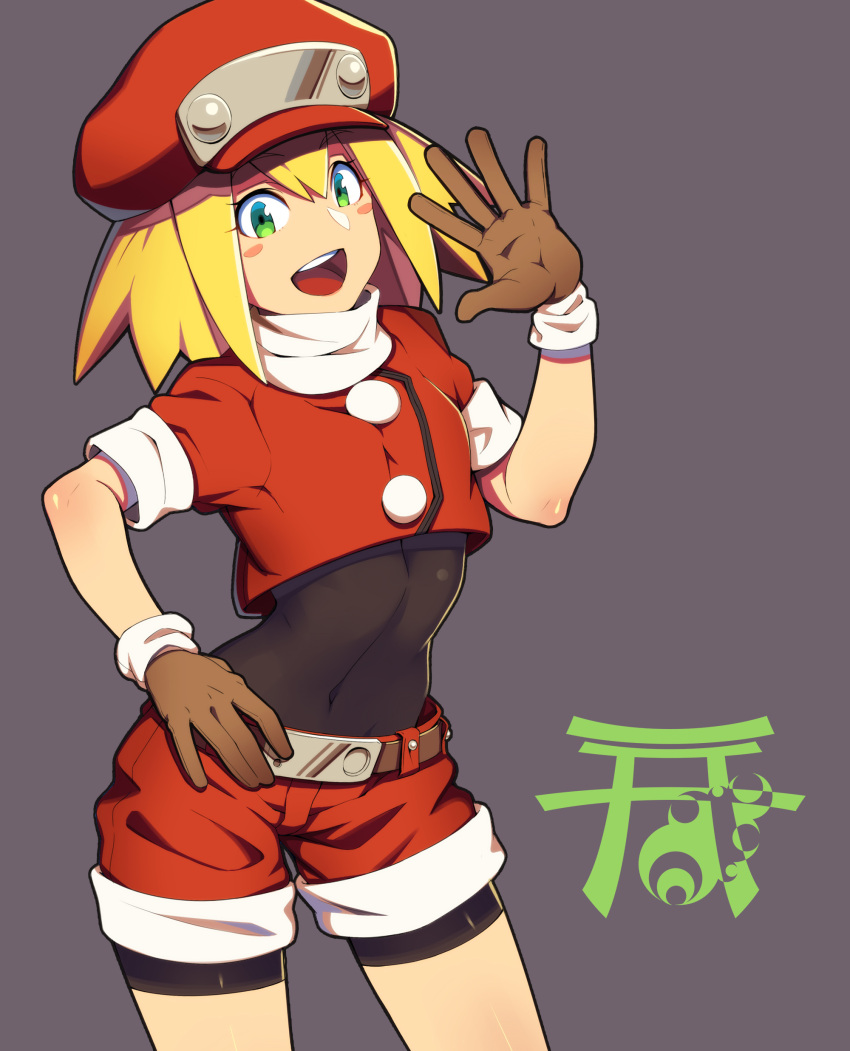 1girl absurdres bangs belt blonde_hair blush_stickers bodystocking breasts brown_belt brown_gloves commentary_request covered_navel cowboy_shot crop_top gloves green_eyes grey_background hand_on_hip hand_up hat highres long_hair looking_at_viewer open_mouth red_hat red_shirt red_shorts rockman rockman_dash roll_caskett shirt short_sleeves shorts simple_background small_breasts smile solo standing teeth yuuten