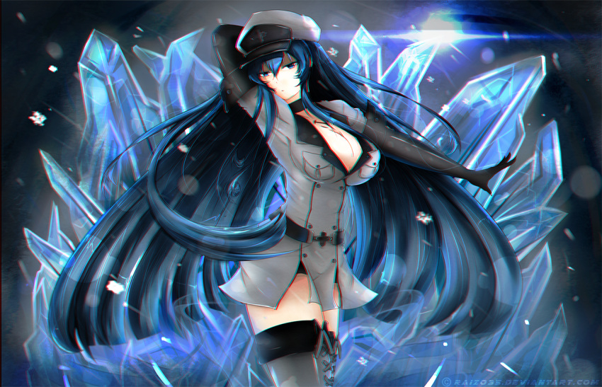 1girl akame_ga_kill! blue_eyes blue_hair boots breasts choker cleavage collarbone esdeath hat ice large_breasts long_hair looking_at_viewer military military_uniform peaked_cap raizo35 solo thigh-highs thigh_boots uniform very_long_hair