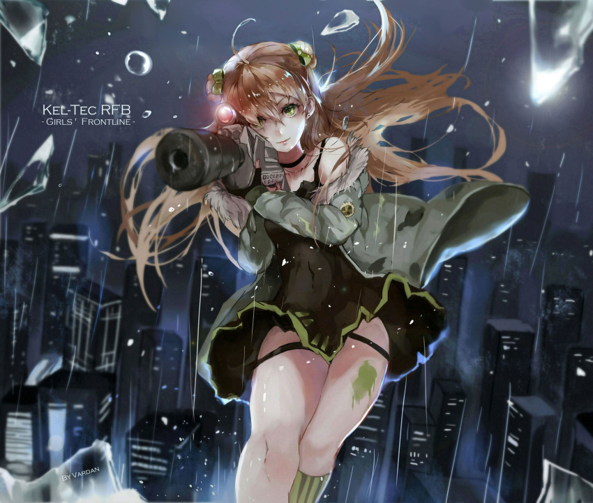 1girl ahoge aiming aiming_at_viewer broken_glass brown_hair bullpup character_name choker cityscape double_bun dress fur_trim girls_frontline glass green_eyes gun highres jacket kel-tec kel-tec_rfb long_hair off_shoulder rain rfb_(girls_frontline) rifle solo suppressor tattoo thigh_strap vardan weapon