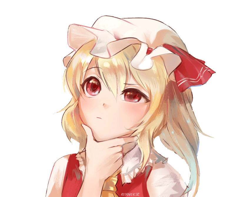 1girl animated animated_gif artist_name ascot blinking blonde_hair bow chin_stroking flandre_scarlet hair_between_eyes hand_on_own_chin hat hat_bow mob_cap no_wings puffy_short_sleeves puffy_sleeves red_eyes reddverse short_sleeves side_ponytail signature sketch solo thinking touhou transparent_background
