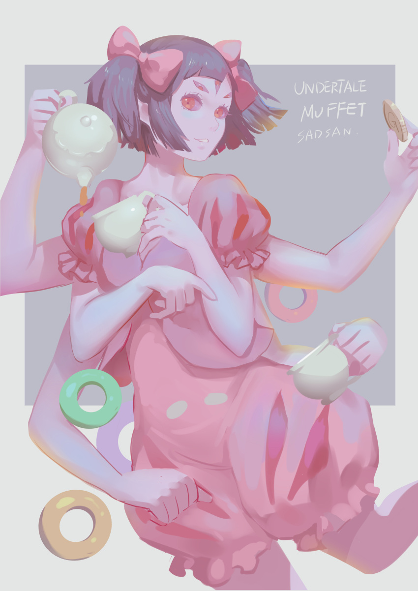 1girl absurdres artist_name black_hair bow character_name copyright_name cup dress extra_arms extra_eyes food hair_bow highres holding holding_cup monster_girl muffet parted_lips pink_bow pink_dress pouring purple_skin red_eyes sadsan short_hair solo standing teacup undertale