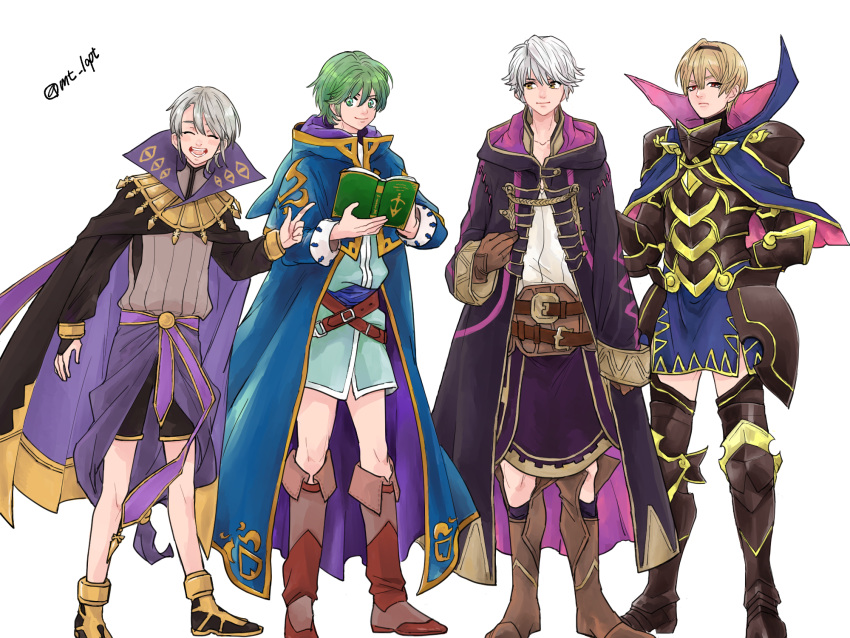 4boys armor bare_legs blonde_hair blue_eyes book boots cape closed_eyes fire_emblem fire_emblem:_kakusei fire_emblem:_mystery_of_the_emblem fire_emblem_heroes fire_emblem_if full_body gloves green_hair hairband henry_(fire_emblem) highres hood leon_(fire_emblem_if) long_sleeves looking_at_viewer male_focus male_my_unit_(fire_emblem:_kakusei) multiple_boys my_unit_(fire_emblem:_kakusei) nezumoto open_mouth red_eyes short_hair smile white_hair