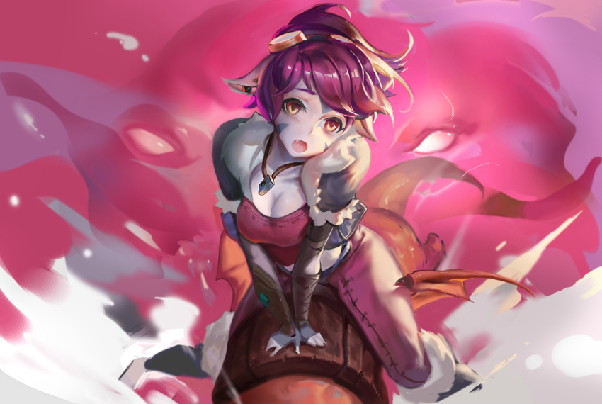 1girl blue_skin breasts cleavage league_of_legends purple_hair rabbit_(tukenitian) solo tristana yordle