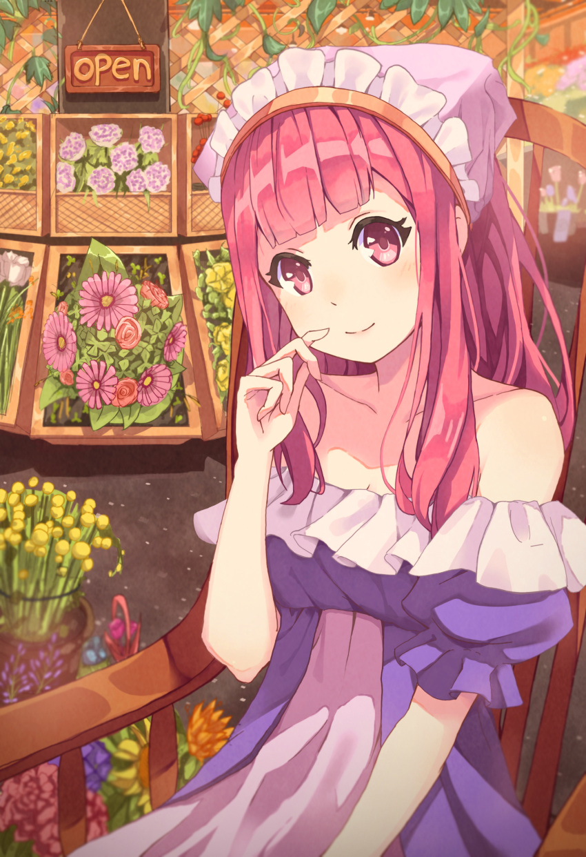 1girl absurdres blush chair collarbone english finger_to_mouth flower highres long_hair looking_at_viewer original pink_eyes pink_hair pot-palm sign sitting smile solo