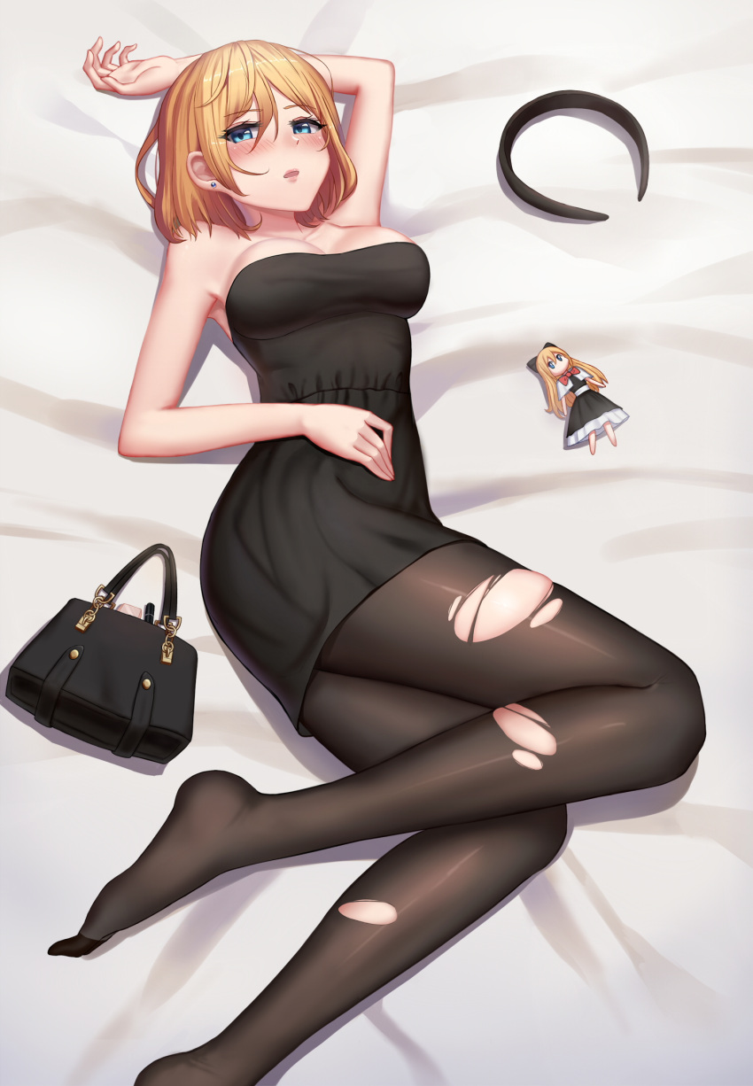1girl :o alice_margatroid bag bare_arms bare_shoulders bed black_dress black_hairband black_legwear blonde_hair blue_eyes blush breasts cleavage doll dress du_mogu earrings female full_body hairband hairband_removed handbag highres jewelry large_breasts legs looking_at_viewer lying on_back on_bed on_side open_mouth pantyhose short_dress short_hair solo strapless strapless_dress stud_earrings torn_clothes torn_pantyhose touhou