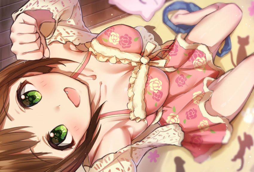 animal_print blush breasts brown_hair cardigan cat_pillow cat_print cleavage collarbone commentary_request dress fang floral_print green_eyes highres idolmaster idolmaster_cinderella_girls large_breasts legs looking_at_viewer looking_up maekawa_miku open_cardigan open_clothes open_mouth paw_pose perspective pink_dress short_hair short_shorts shorts shorts_removed sitting smile takeya_y0615 thighs
