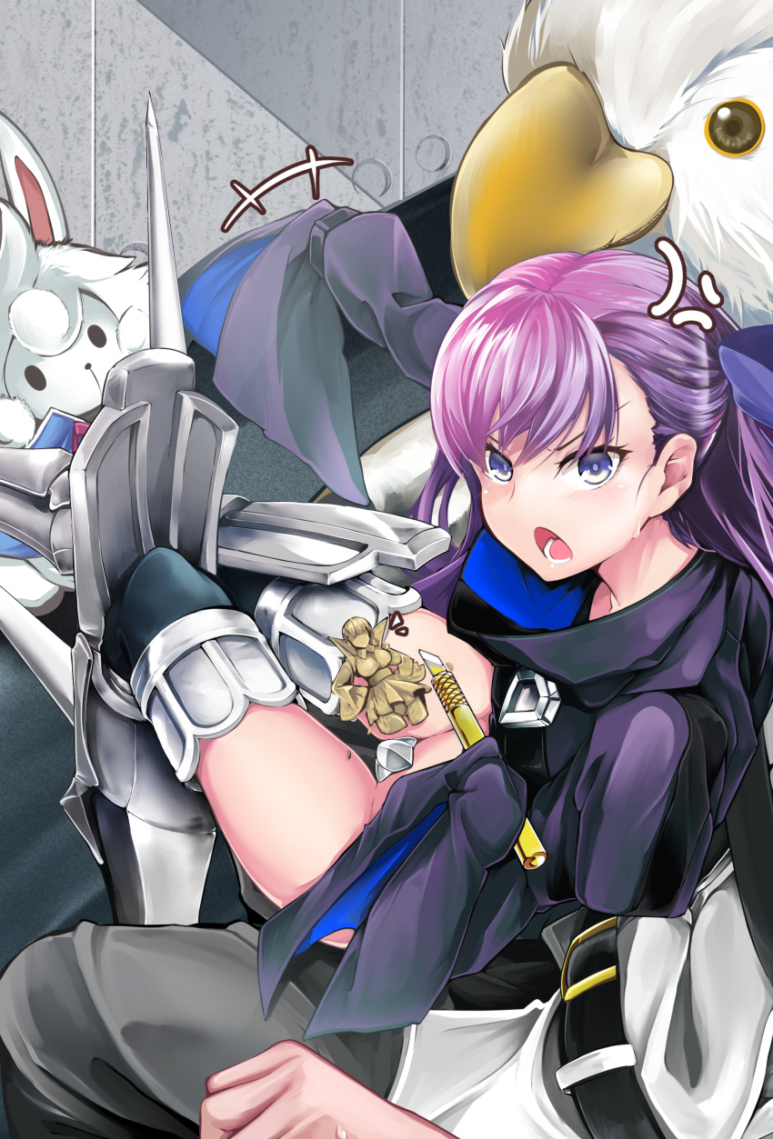 1girl absurdres anger_vein armor armored_boots bb_(fate/extra_ccc) belt boots crotch_plate fate/extra fate/extra_ccc fate/grand_order fate_(series) fou_(fate/grand_order) fujimaru_ritsuka_(male) highres hippogriff ku-ba long_hair meltlilith open_mouth prosthesis prosthetic_leg purple_hair sculpture sitting sitting_on_lap sitting_on_person sleeves_past_wrists solo_focus spikes stuffed_animal stuffed_toy