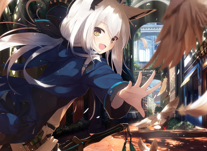 1girl :d ahoge animal animal_ears arch bird bird_wings blush book bow building feathers fox_ears fox_girl fox_tail hair_between_eyes happy long_hair long_sleeves looking_at_viewer low_twintails open_mouth original outstretched_arm outstretched_arms sheath sheathed shio_(shia-ushio) single_wing smile solo spread_arms sword tail tassel twintails upper_body weapon white_hair wings yellow_eyes