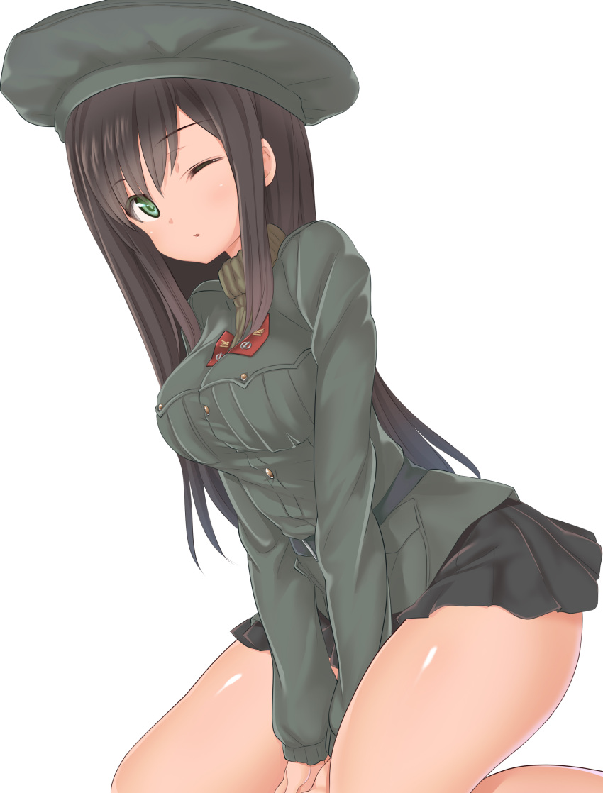 1girl a9b_(louis814) absurdres animal_ears between_legs breasts brown_hair federica_n_doglio green_eyes hand_between_legs highres leaning_forward lips long_hair looking_at_viewer medium_breasts military military_jacket military_uniform miniskirt one_eye_closed pleated_skirt shiny shiny_skin simple_background sitting skirt strike_witches uniform world_witches_series