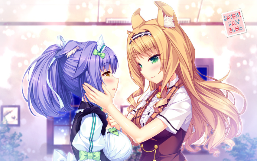 2girls :3 animal_ears artist_name bell blonde_hair blurry blurry_background bow breasts cat_ears character_name cinnamon_(sayori) curly_hair depth_of_field eye_contact eyebrows_visible_through_hair green_eyes hair_ribbon hand_on_another's_cheek hand_on_another's_face headdress jingle_bell large_breasts long_hair looking_at_another maid_headdress maple_(sayori) multiple_girls name_tag nekopara ponytail profile purple_hair ribbon sayori slit_pupils smile tears upper_body wallpaper yellow_eyes