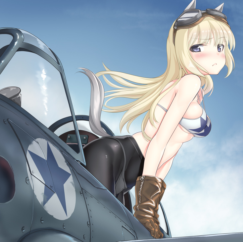 1girl a9b_(louis814) absurdres aircraft airplane animal_ears bikini_top black_legwear blonde_hair blue_sky blush breasts cockpit day gloves highres leather leather_gloves long_hair looking_at_viewer marian_e_carl medium_breasts panties panties_under_pantyhose pantyhose sky solo tagme tail under_boob underwear world_witches_series zipper
