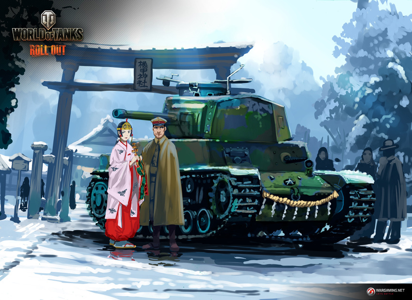 1boy 1girl ground_vehicle highres military military_vehicle motor_vehicle nogami_takeshi official_art snow tank type_5_ke-ho wargaming_japan world_of_tanks