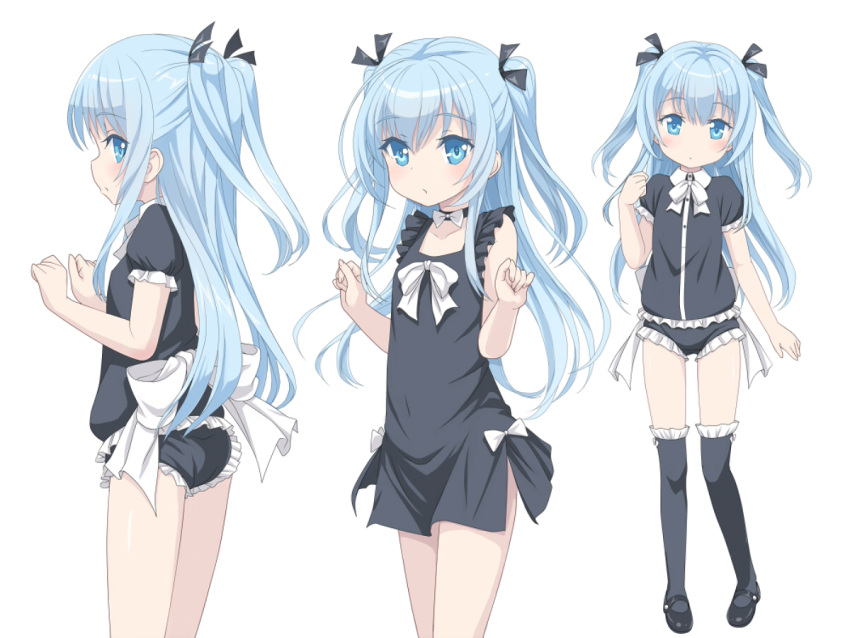 1girl black_dress blue_eyes blue_hair child dress full_body kimagure_blue long_hair looking_at_viewer multiple_views original simple_background solo standing thigh-highs two_side_up