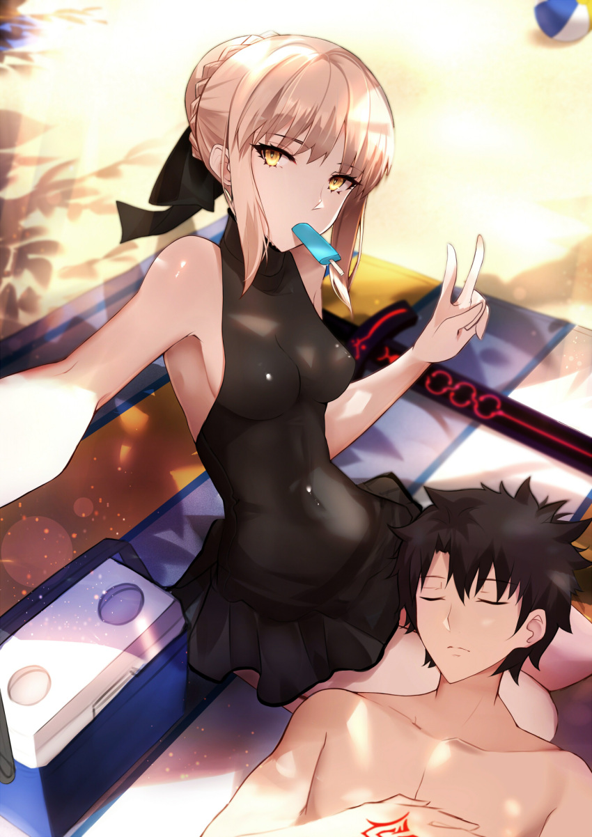 1boy 1girl black_bow black_hair bow braid closed_eyes command_spell cooler covered_navel eyelashes fate/grand_order fate_(series) food from_above fujimaru_ritsuka_(male) hair_bow highres lap_pillow looking_at_viewer mouth_hold popsicle saber saber_alter self_shot shiguru swimsuit sword weapon yellow_eyes
