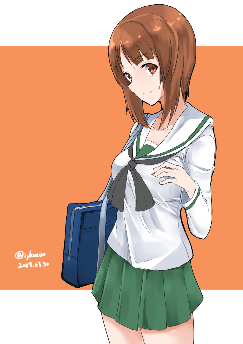 1girl absurdres bag bangs black_neckerchief blouse brown_eyes brown_hair carrying closed_mouth cowboy_shot dated girls_und_panzer green_skirt highres irukatto long_sleeves looking_at_viewer miniskirt neckerchief nishizumi_miho ooarai_school_uniform orange_background pleated_skirt school_bag school_uniform serafuku short_hair skirt smile solo standing twitter_username white_blouse
