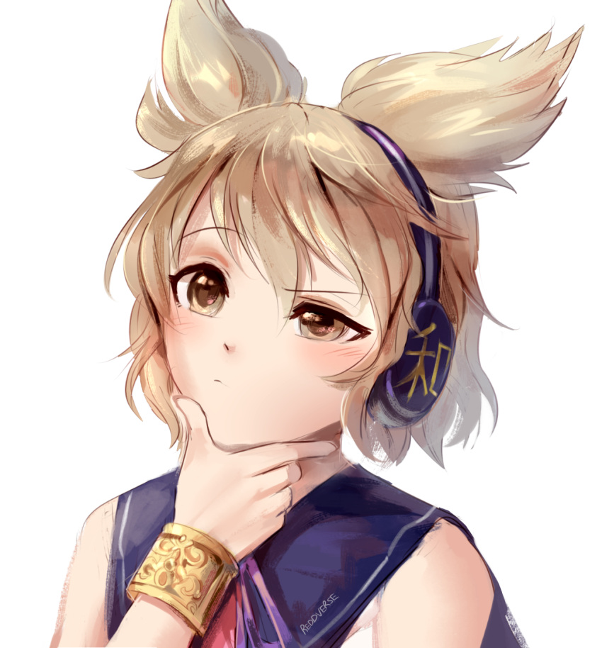 1girl artist_name blush bracelet brown_eyes brown_hair earmuffs hand_on_own_chin headphones highres jewelry light_brown_hair pointy_hair reddverse shirt short_hair signature simple_background sleeveless sleeveless_shirt solo thinking touhou toyosatomimi_no_miko white_background