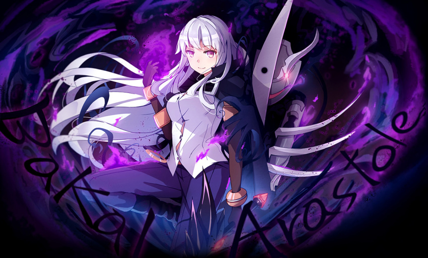 1girl breasts brown_gloves character_request dungeon_and_fighter elbow_gloves eyebrows_visible_through_hair gloves large_breasts long_hair looking_at_viewer pot-palm silver_hair smile solo violet_eyes