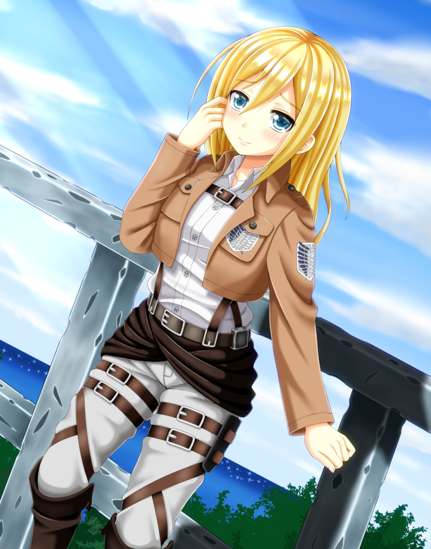 blonde_hair blue_eyes blush christa_renz long_hair polo shingeki_no_kyojin shorts smile