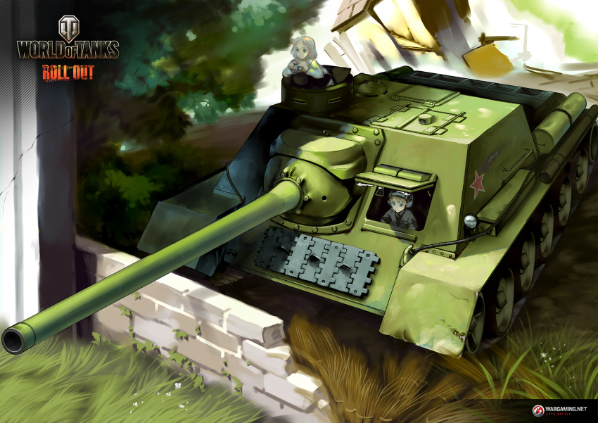 2girls artist_request brick brick_wall grass ground_vehicle highres military military_vehicle motor_vehicle multiple_girls official_art su-100 tank tank_destroyer tree wargaming_japan world_of_tanks