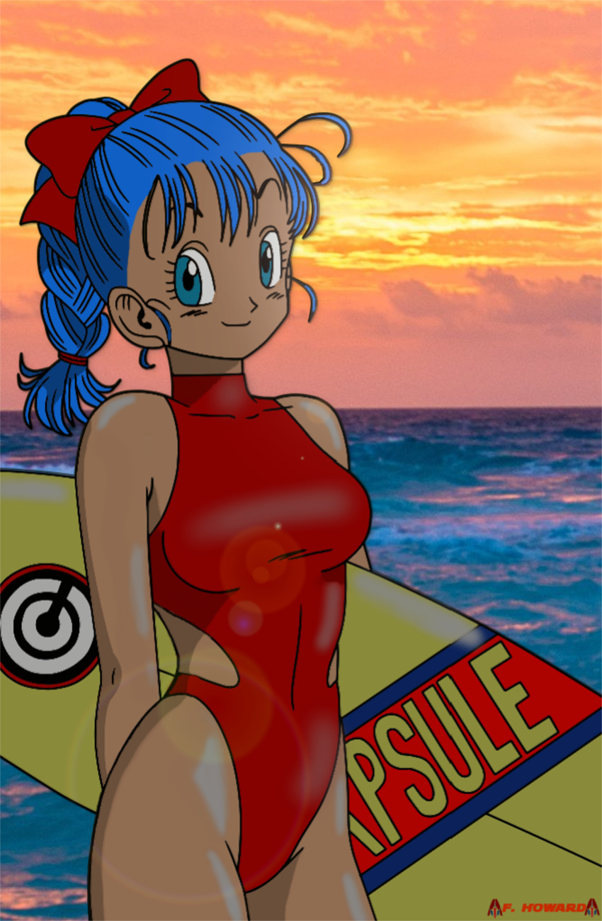 1girl absurdres bare_shoulders blue_eyes blue_hair bow braid braided_ponytail bulma casual_one-piece_swimsuit closed_mouth clouds commentary covered_collarbone cowboy_shot dark_skin darth_pravius dragon_ball dragonball_z halterneck high_ponytail highleg highleg_swimsuit highres long_hair looking_at_viewer ocean one-piece_swimsuit outdoors ponytail red_bow red_swimsuit shiny shiny_skin side_slit single_braid skin_tight smile solo sunset surfboard swimsuit tan turtleneck