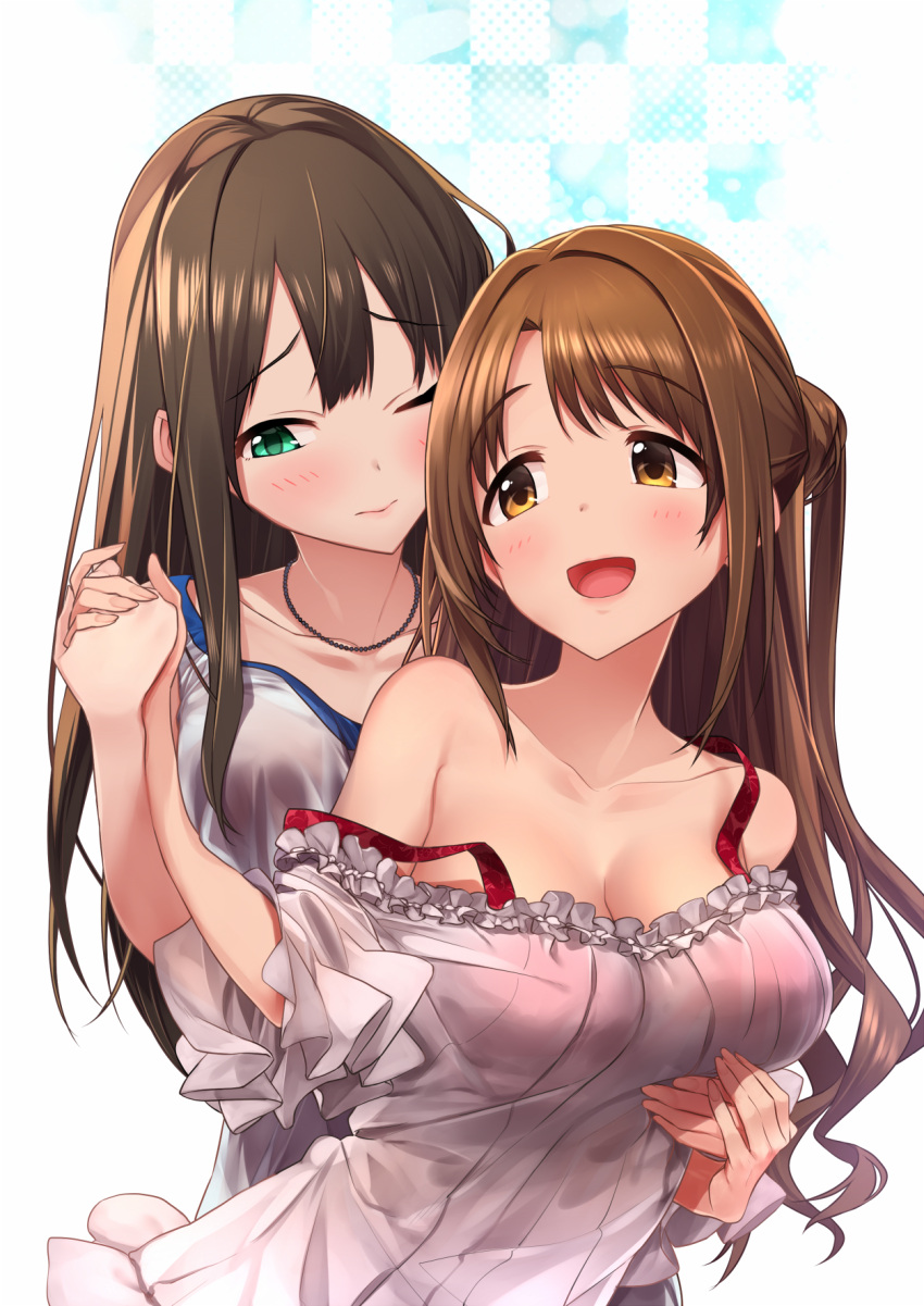 2girls baffu blue_eyes blush breasts brown_eyes brown_hair cleavage commentary_request couple dress female hand_holding hand_on_another's_chest highres hug hug_from_behind idolmaster idolmaster_cinderella_girls jewelry large_breasts long_hair medium_breasts multiple_girls mutual_yuri necklace one_eye_closed open_mouth shibuya_rin shimamura_uzuki sidelocks smile strap_slip tareme twintails upper_body white_background yuri