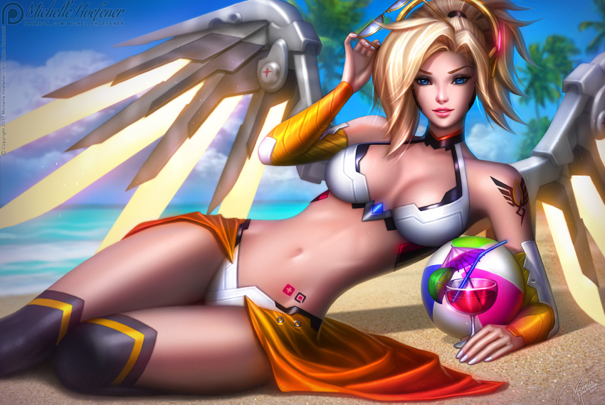 1girl adapted_costume arm_support arm_tattoo arm_up armor artist_name ball beach beachball bikini_armor bikini_skirt blonde_hair blue_eyes blue_sky blurry breasts cleavage clouds cup depth_of_field drinking_glass drinking_straw elbow_gloves eyeshadow gloves glowing glowing_wings hand_in_hair holding holding_sunglasses light_smile lime_slice lips looking_at_viewer lying makeup martini mechanical_halo mechanical_wings medium_breasts mercy_(overwatch) michelle_hoefener nail_polish navel nose on_side outdoors overwatch palm_tree parted_lips sand shadow showgirl_skirt signature silver_nails sky solo sunglasses swimsuit swiss_flag tattoo thigh-highs tree wine_glass wings yellow_wings