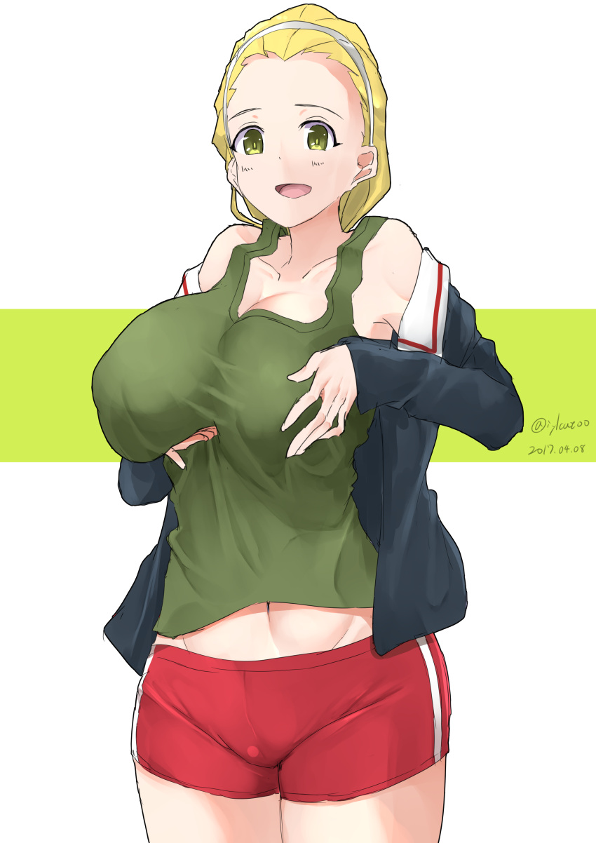 1girl absurdres blonde_hair blue_jacket breast_hold breasts brown_eyes cleavage cowboy_shot dated girls_und_panzer green_shirt hair_pulled_back hairband highres irukatto jacket large_breasts long_hair long_sleeves looking_at_viewer military military_uniform navel off_shoulder ooarai_military_uniform open_clothes open_jacket open_mouth red_shorts sasaki_akebi shirt short_shorts shorts single_vertical_stripe smile solo sportswear standing tank_top twitter_username uniform white_hairband