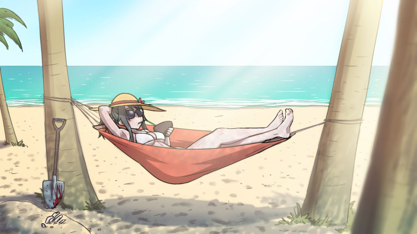 1girl beach bikini blood blood_stain buried coconut drinking_straw hammock hands hat kjech ocean official_art palm_tree relaxed shovel straw_hat sunglasses swimsuit tree worktool yandere-chan yandere_simulator