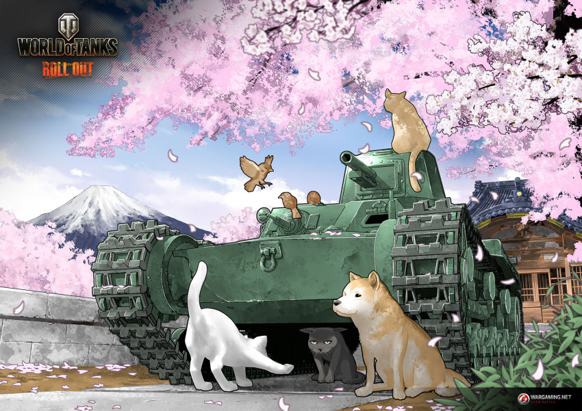 animal artist_request bird brick_wall cat cherry_blossoms chi-ni clouds dog ground_vehicle highres military military_vehicle motor_vehicle mount_fuji no_humans official_art sky sparrow tank tree wargaming_japan world_of_tanks