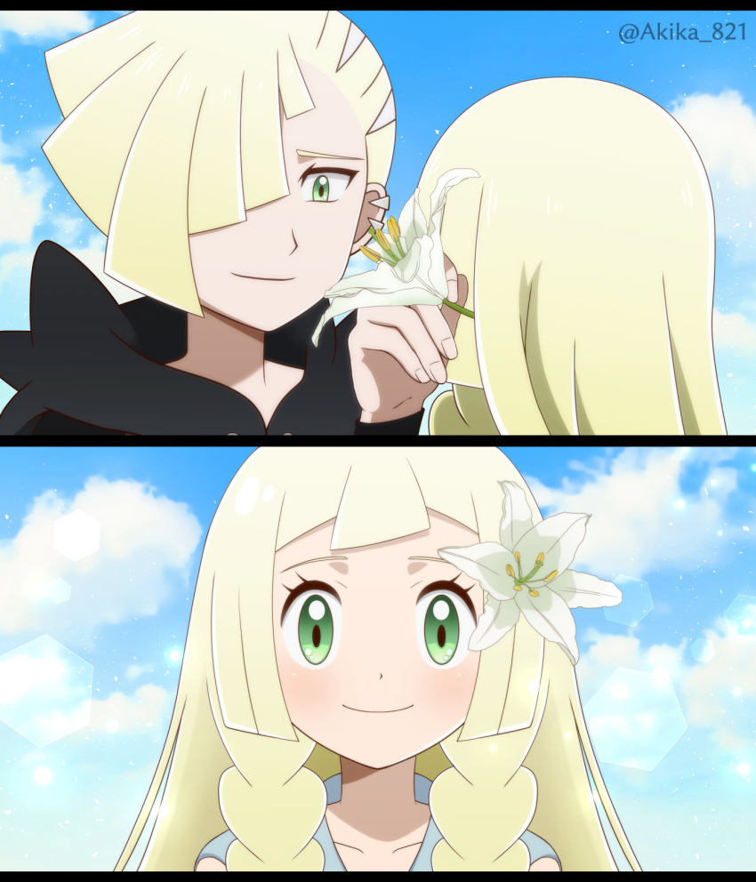 1boy 1girl bangs blonde_hair blue_sky blunt_bangs blush braid brother_and_sister clouds cloudy_sky day ear_piercing face flower flower_on_head gladio_(pokemon) green_eyes hair_over_one_eye highres lillie_(pokemon) long_hair piercing pokemon pokemon_(anime) pokemon_sm_(anime) siblings sky smile split_screen twin_braids