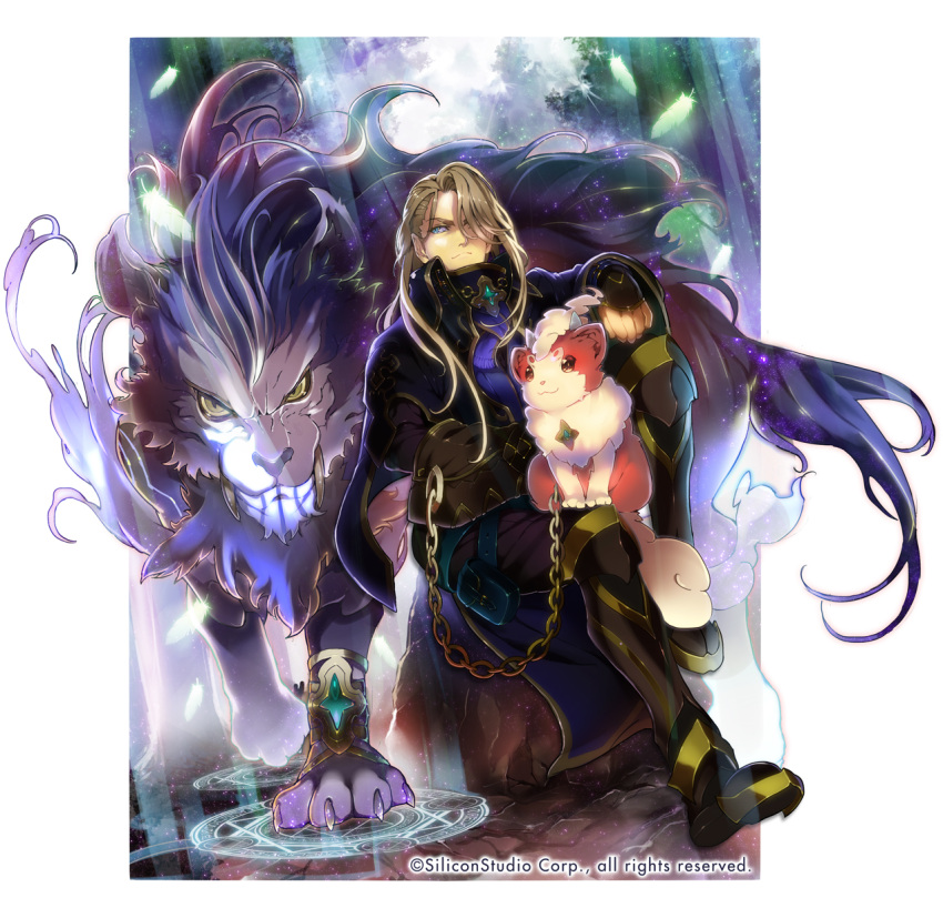 1boy :3 animal animal_on_lap black_boots black_cape blue_eyes boots cape chains gyakushuu_no_fantasica hair_over_one_eye highres knee_up light_brown_hair lion long_hair magic_circle male_focus official_art pouch rassie_s sitting solo tagme watermark