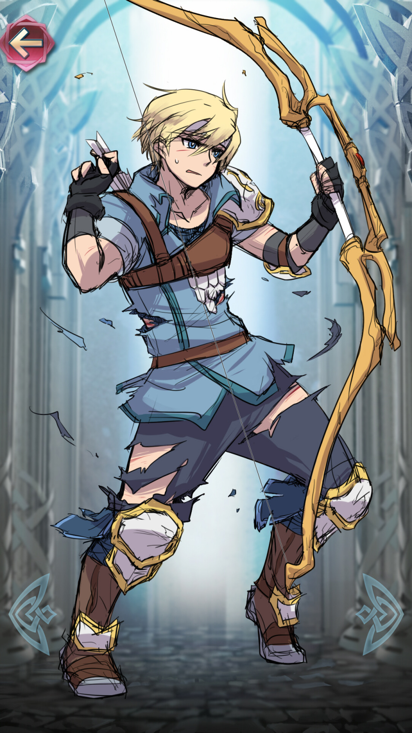 1boy arrow blonde_hair blue_eyes boots bow_(weapon) faval_(fire_emblem) fire_emblem fire_emblem:_seisen_no_keifu fire_emblem_heroes gloves headband highres injury lavillardia male_focus open_mouth quiver solo torn_clothes weapon