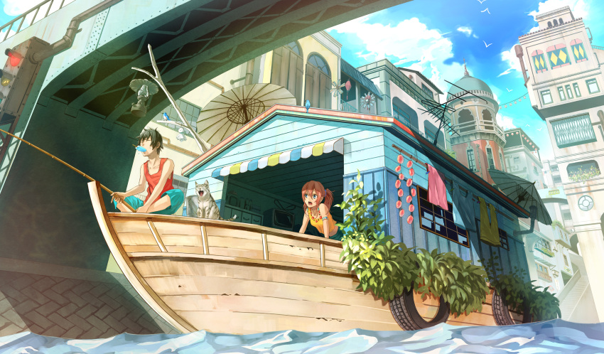 1boy 1girl animal black_hair blue_eyes boat cat closed_eyes eyebrows_visible_through_hair fishing fishing_rod food highres kirinosuke lantern looking_at_another open_mouth original pink_hair ponytail popsicle popsicle_stick short_hair sitting teeth television tire watercraft