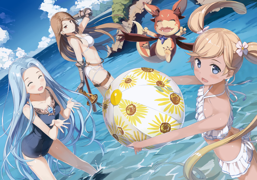 3girls :d ^_^ airship araragikoyomis arm_up ass ball beachball belt bikini bikini_skirt blonde_hair blue_eyes blue_swimsuit breasts brown_eyes catalina_(granblue_fantasy) closed_eyes commentary_request creature day derivative_work earrings flower gauntlets granblue_fantasy grancypher_(granblue_fantasy) hair_flower hair_ornament highres io_euclase jewelry kantoku_(style) light_brown_hair long_hair looking_at_viewer lyria_(granblue_fantasy) medium_breasts multiple_girls one-piece_swimsuit open_mouth outdoors small_breasts smile strap_gap swimsuit sword tareme thigh_strap vee_(granblue_fantasy) very_long_hair wading weapon white_bikini
