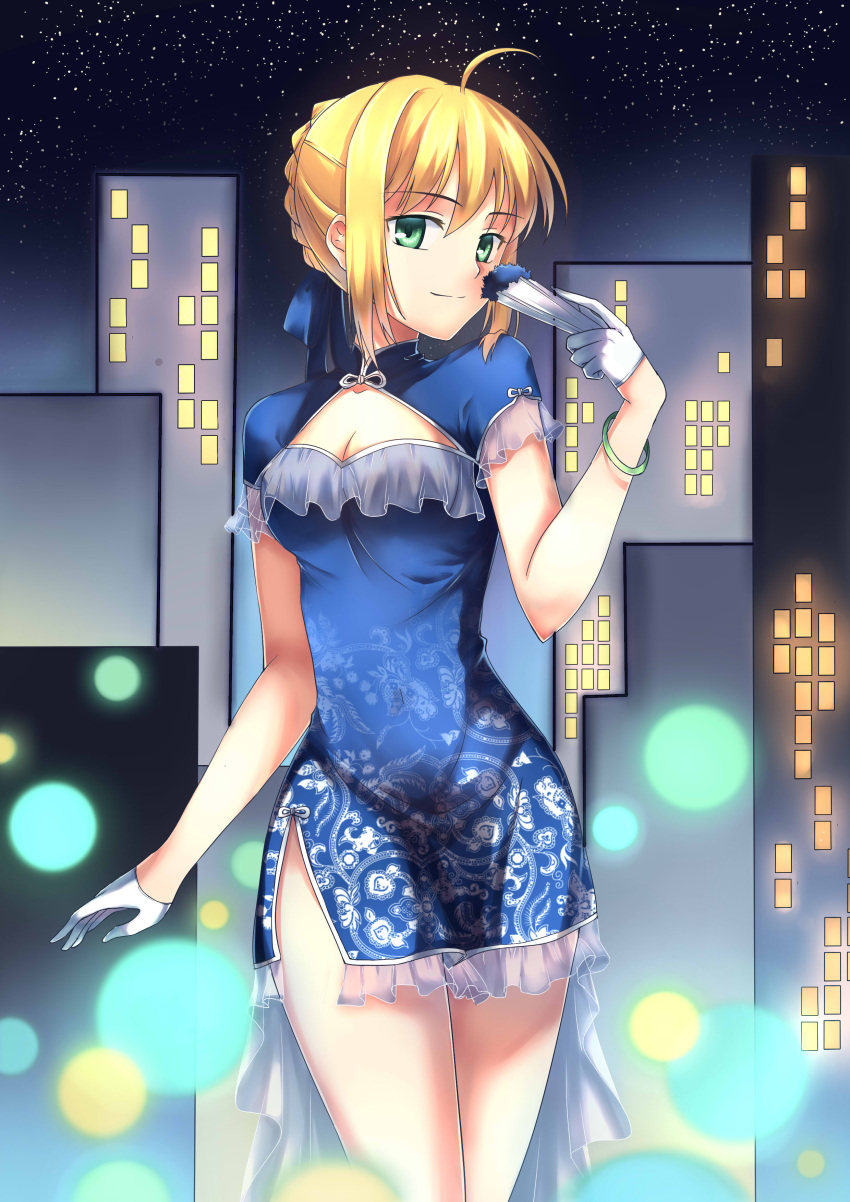 1girl absurdres ahoge blonde_hair blue_dress blue_ribbon bracelet breasts china_dress chinese_clothes cleavage cleavage_cutout cowboy_shot dress eyebrows_visible_through_hair fate/stay_night fate_(series) gloves gogatsu_fukuin green_eyes hair_between_eyes hair_ribbon half_gloves highres holding jewelry looking_at_viewer medium_breasts ribbon saber short_dress short_hair_with_long_locks sidelocks sleeveless sleeveless_dress smile solo standing white_gloves