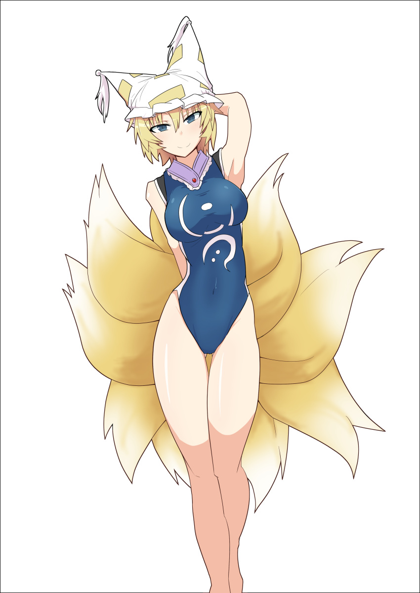 1girl absurdres adapted_costume agu_(antyosan) alternate_costume arm_behind_back arm_behind_head armpits bangs blonde_hair blue_eyes blue_swimsuit border breasts fox_tail hair_between_eyes hat head_tilt highres hips legs looking_at_viewer medium_breasts multiple_tails one-piece_swimsuit outline pillow_hat pose reflective_eyes shiny shiny_clothes shiny_hair short_hair simple_background solo swimsuit tail taut_clothes taut_swimsuit thigh_gap thighs touhou white_background yakumo_ran