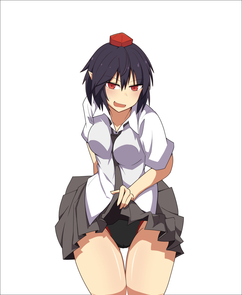 1girl absurdres agu_(antyosan) arm_behind_back between_breasts black_hair black_necktie black_skirt border collared_shirt cowboy_shot hat highres leaning_forward looking_at_viewer loose_necktie necktie open_mouth panties pantyshot pleated_skirt pointy_ears red_eyes shameimaru_aya shirt short_hair short_sleeves side_glance simple_background skirt skirt_lift solo sweatdrop swimsuit swimsuit_under_clothes thigh_gap thighs tokin_hat touhou underwear white_background white_shirt wide_hips