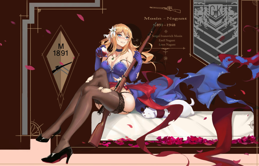 1girl alcohol between_legs black_panties blonde_hair blue_eyes blush bolt_action breasts character_name choker cleavage cup dress drinking_glass drunk formal full_body garter_straps girls_frontline guernical gun hair_ornament high_heels highres legs_crossed long_hair looking_at_viewer mosin-nagant mosin-nagant_(girls_frontline) off_shouder panties rifle scope sitting thigh-highs torn_clothes torn_dress torn_thighhighs underwear weapon wine wine_glass