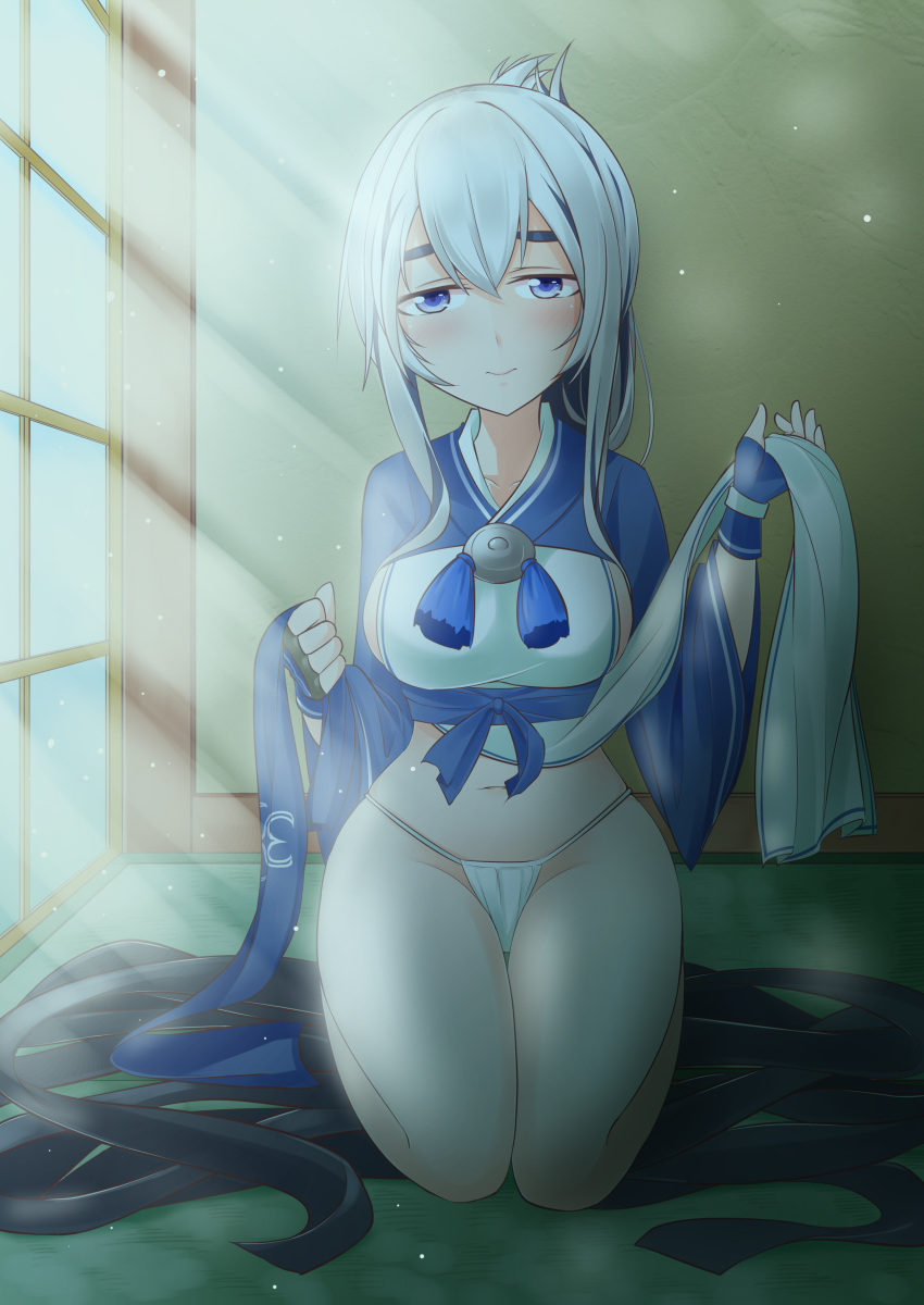 1girl absurdres ainu_clothes bandanna bed bedroom blue_eyes breasts cropped_jacket dress folded_ponytail headband highres kamoi_(kantai_collection) kantai_collection lighting long_hair long_sleeves looking_at_viewer on_bed panties sidelocks smile solo thick_eyebrows underwear undressing wataru_(nextlevel) white_hair wide_hips wrist_guards